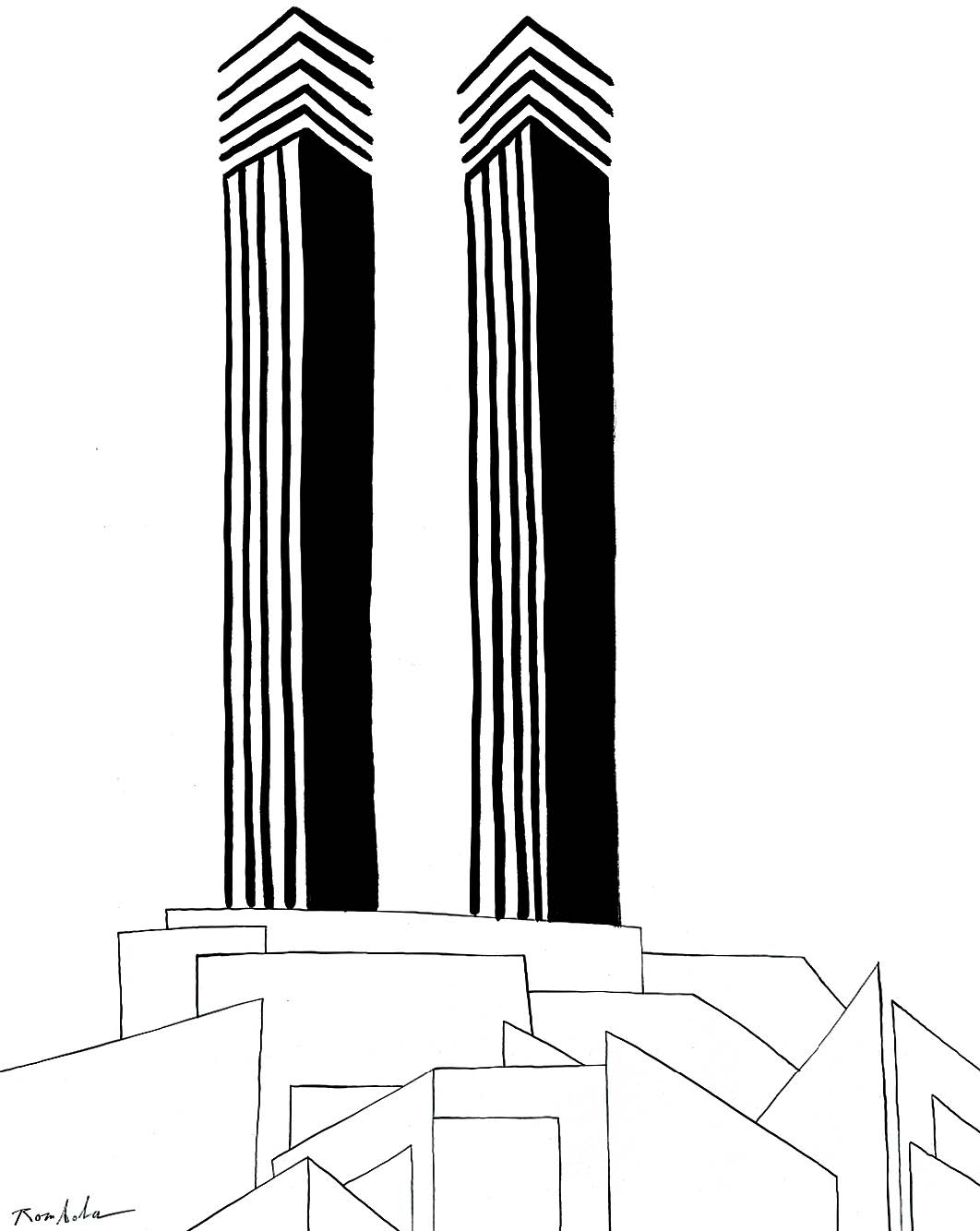  Twin Towers   circa 1973 / 74 Ink on paper  
