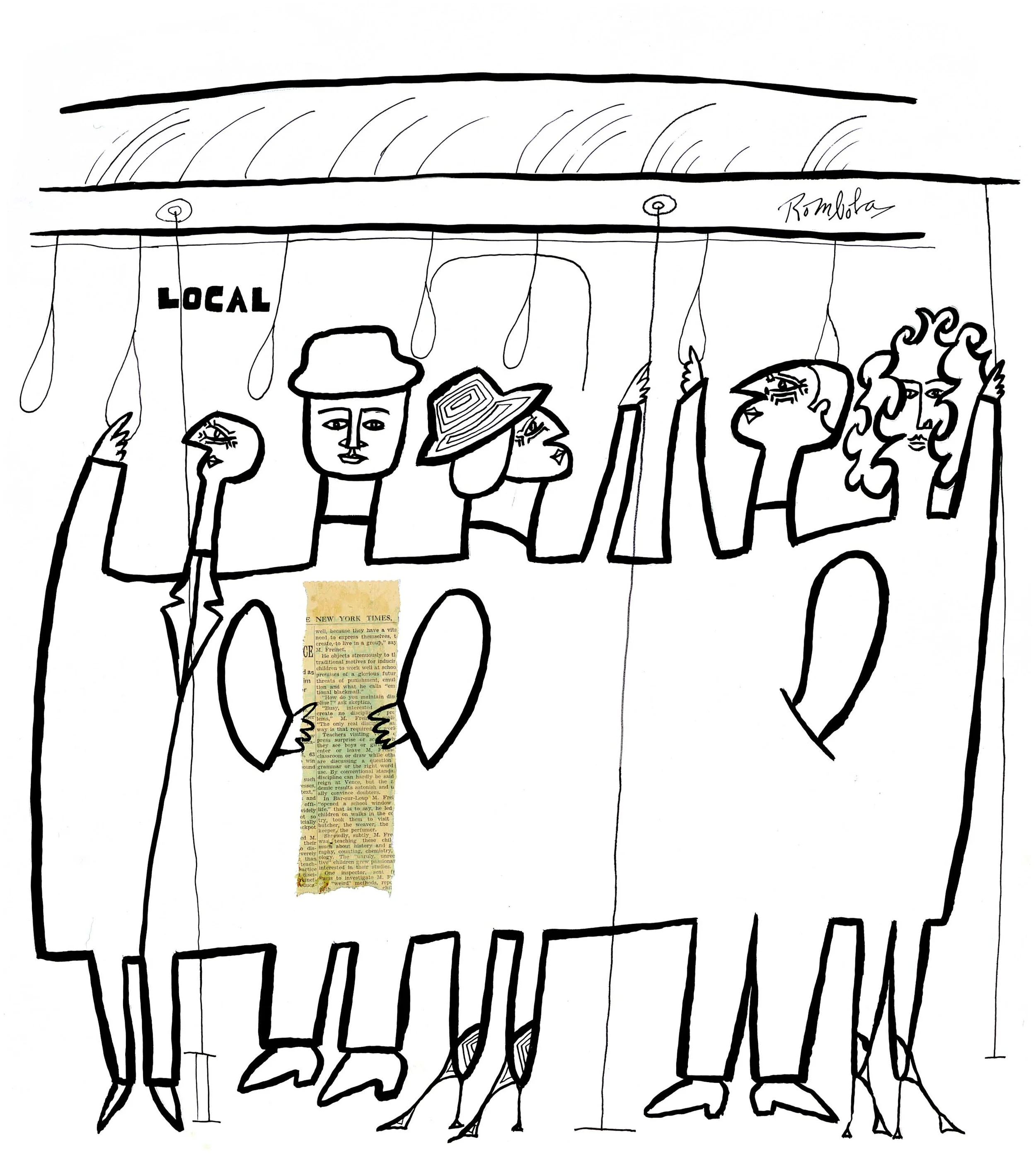 Subway Riders 1963 Collage and ink on paper.