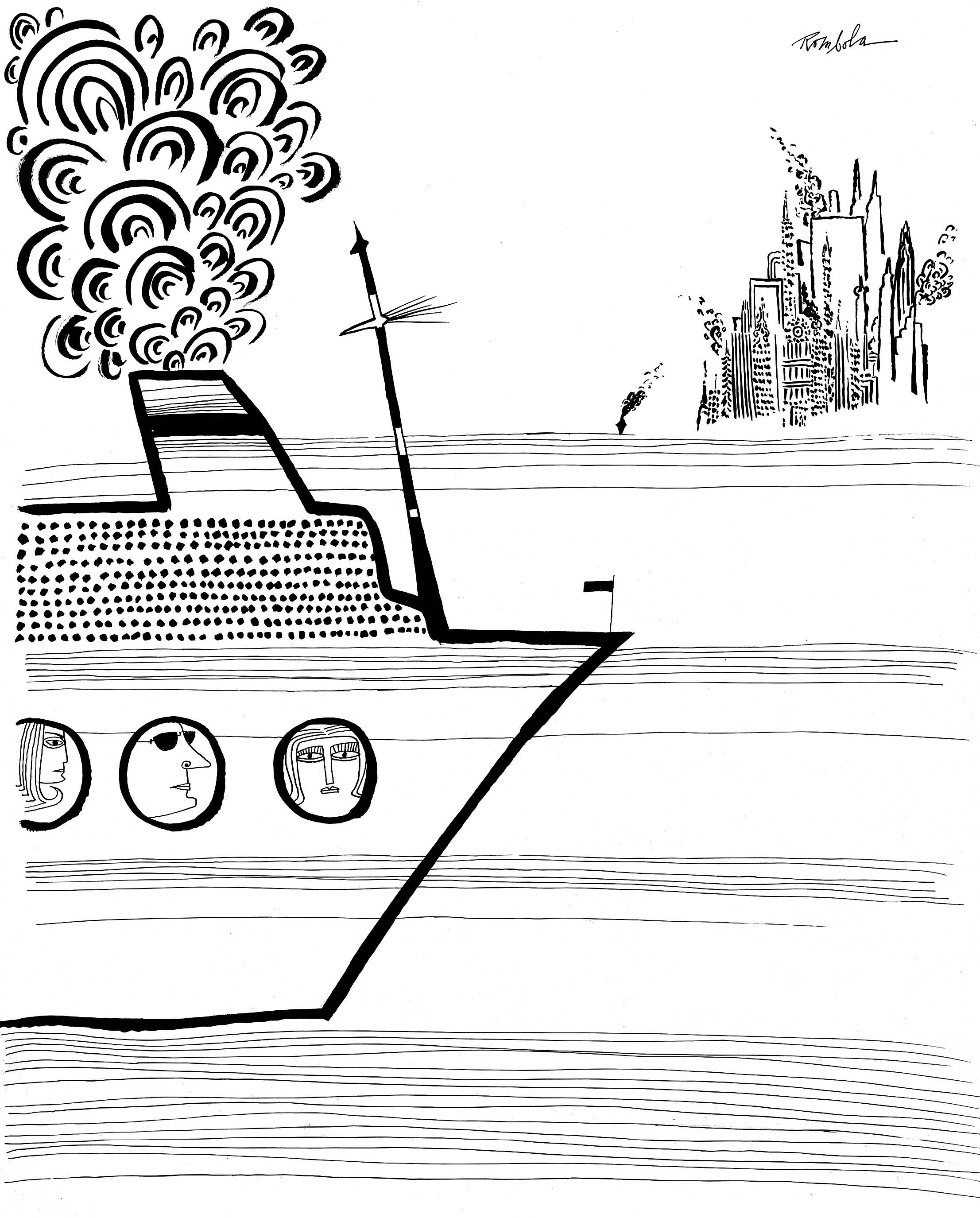   Cruise Ship Arrival   1966 Ink on paper.  