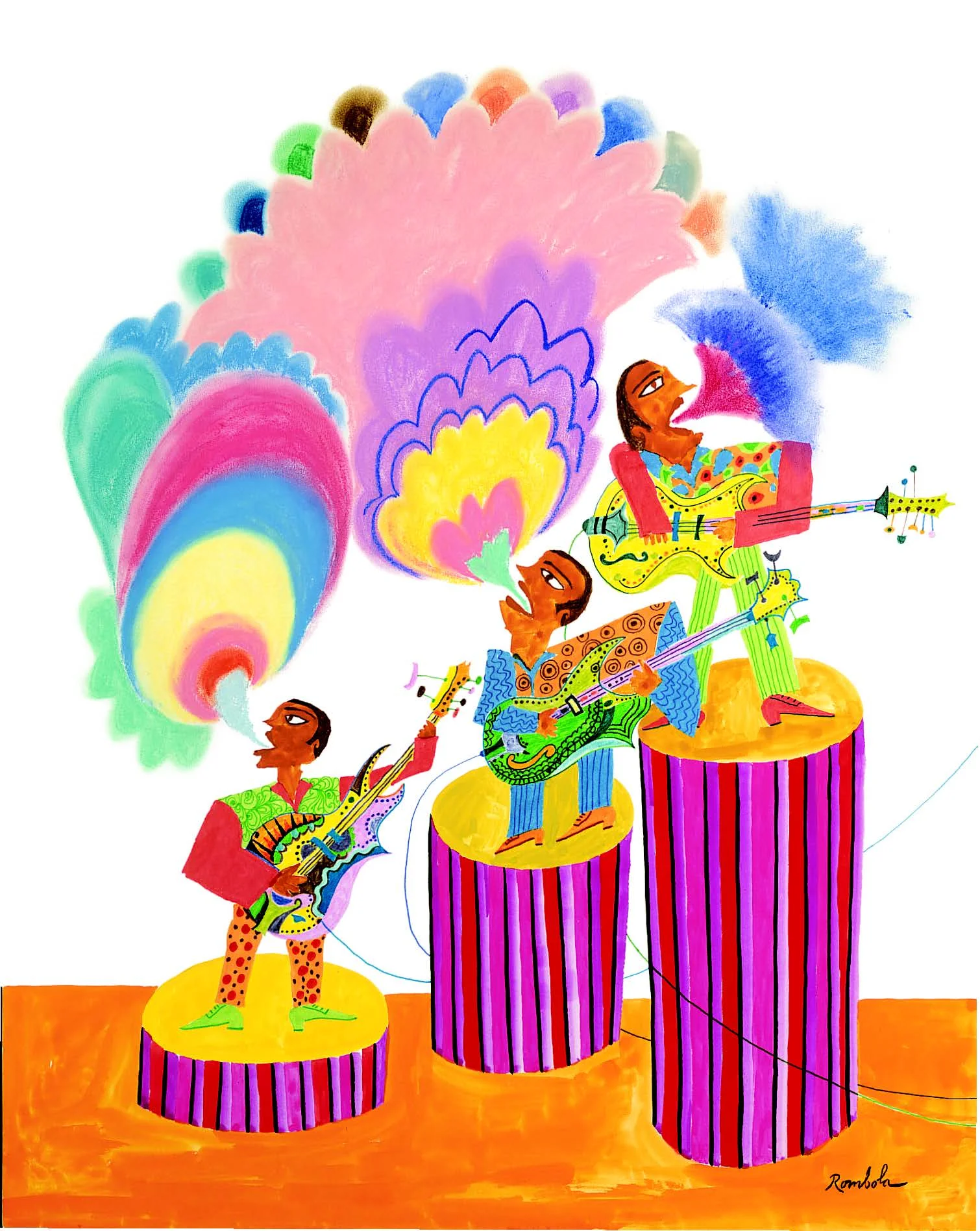 Three Famous Carnival Singers in Contest Pastel, gouache, and colored pencil on paper 1968