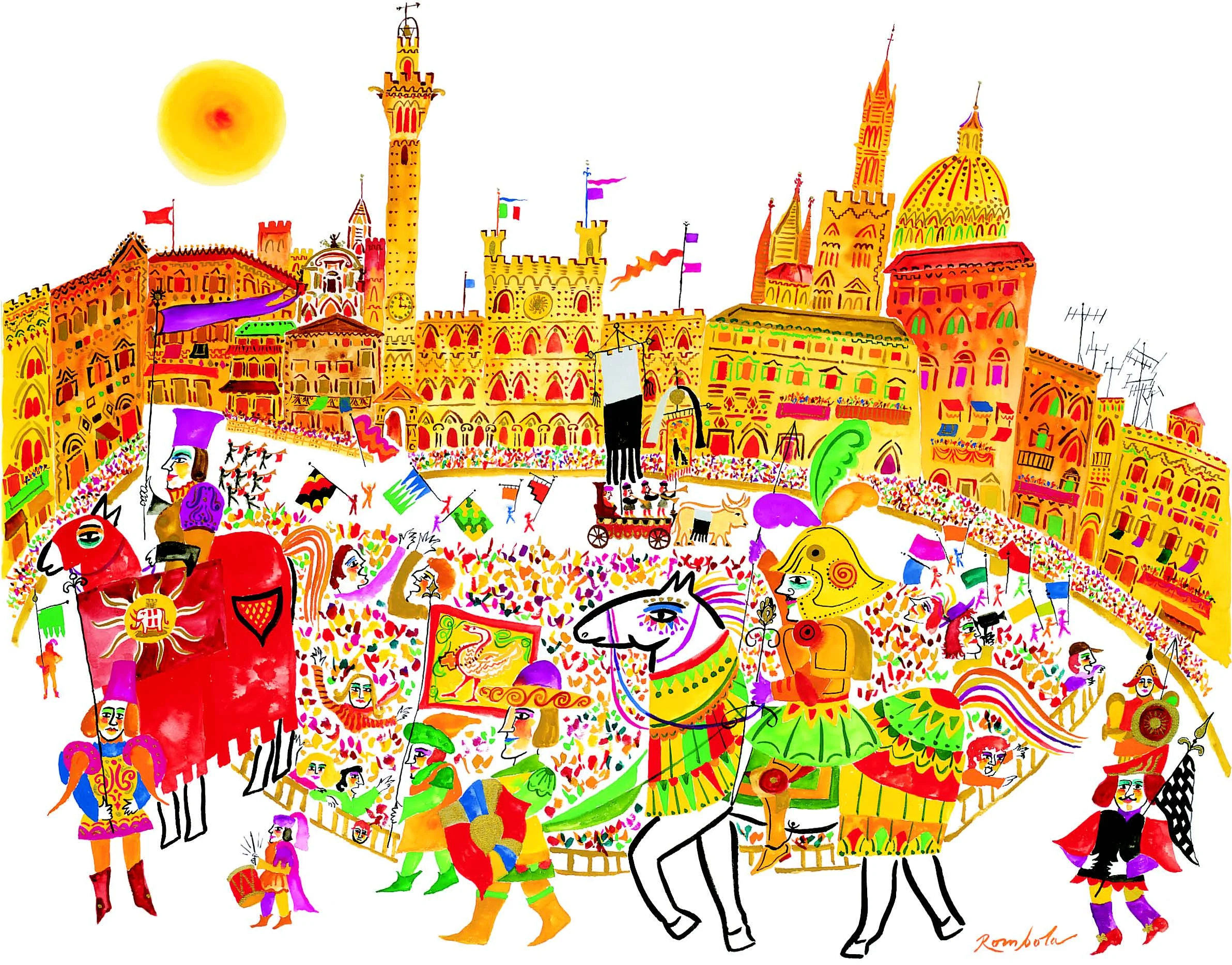 Palio Procession: Pageant of Contradas 1991 Gouache on paper. Published in Town & Country, 1991