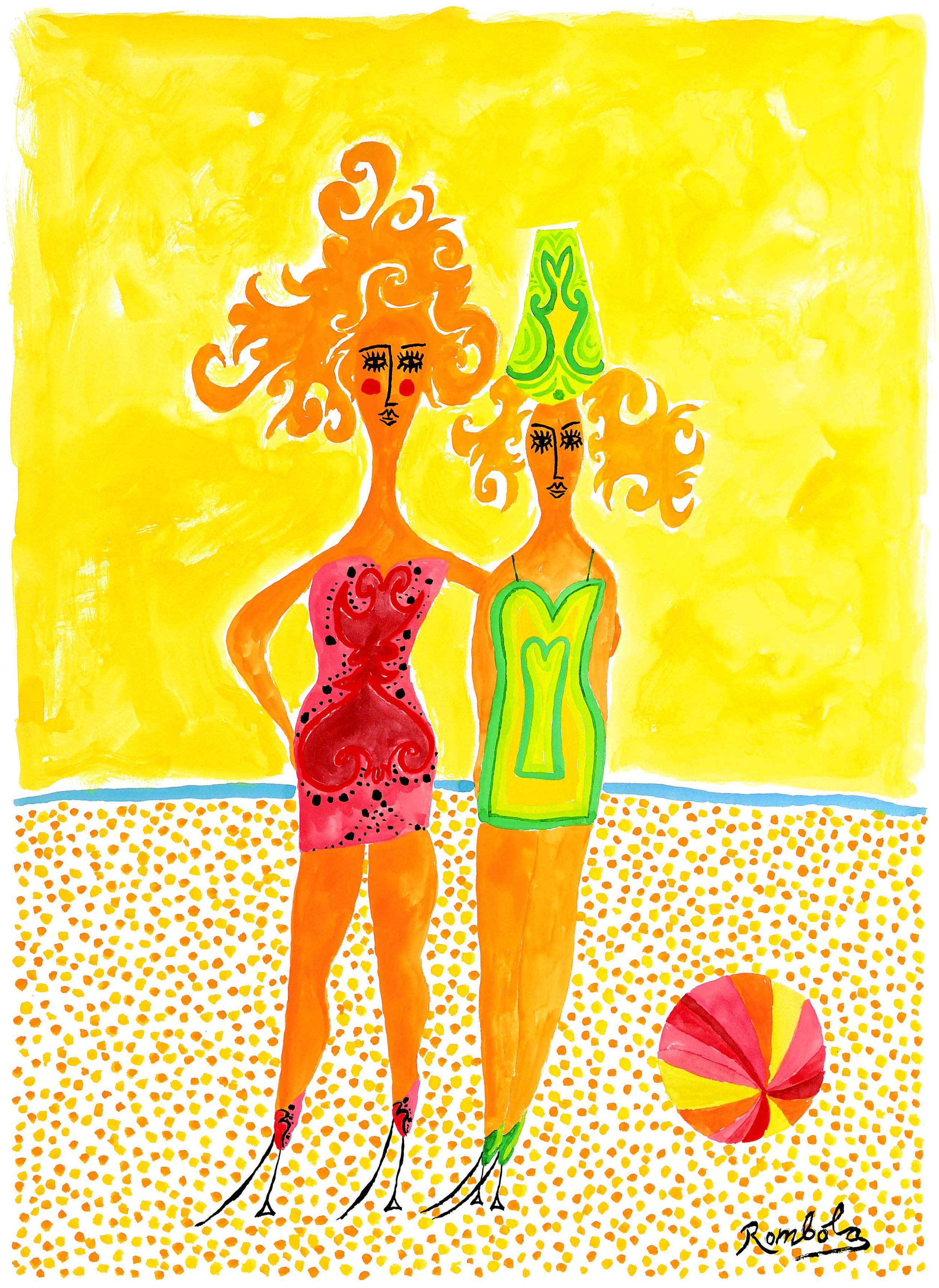   Sally and Monica at the Beach    Gouache on paper 1960   