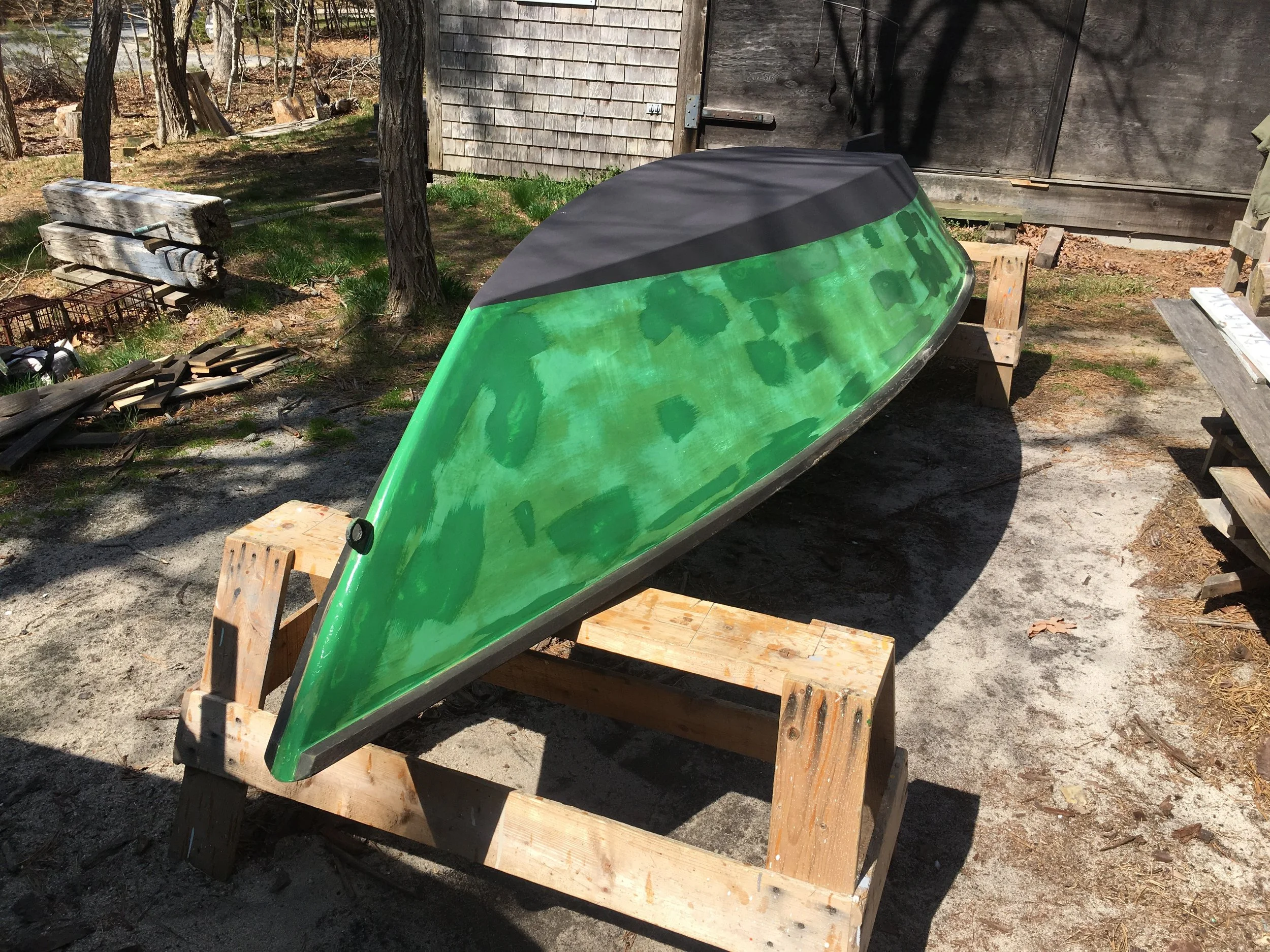 The Gull, sanded, bottom painted, spot primed...