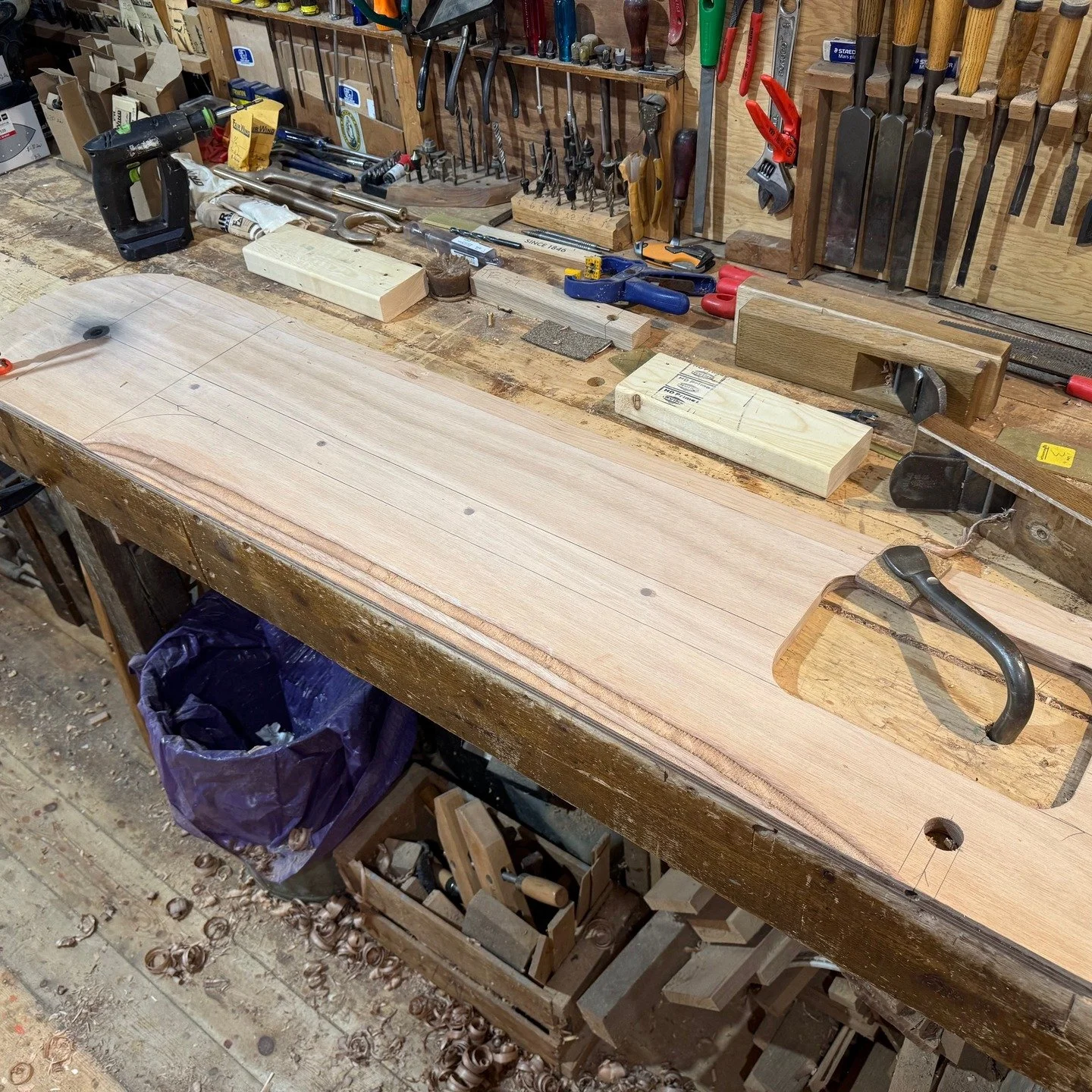 While on the subject of the centerboard case, here are a few photos of the centerboard itself. I decided to go with a laminated plywood centerboard, as wood ones tend to warp and get stuck in the case. In the first photo, the board has been laminated