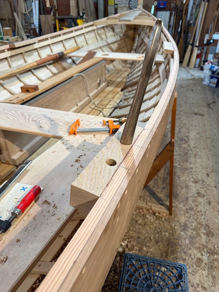 Now that the Holidays are over, I will be posting more photos of the building of the Newfoundland Trap Skiff.The first photo shows the blocking for the oarlock sockets, including the stand up oarlock aft. The second photo shows the rest of the blocki