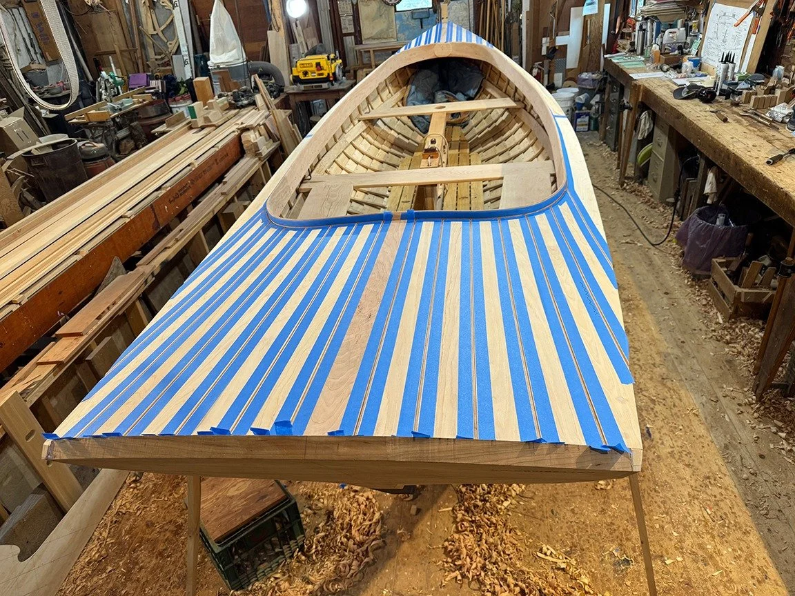 Finally back from vacation and ready to post a few new photos from the Trap Skiff build. This series is caulking the deck . It's pretty self- explanatory. The seams, which have been routed to 1/4", are taped off with masking tape, then the seams