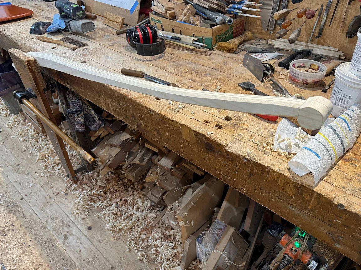 Another post on the Trap Skiff- trying to get it done someday! First photo is of the tiller roughly shaped on the band saw, ready for final shaping. It's laminated from 2 layers if ash with a layer of carbon fiber in the middle for stiffness. Second 