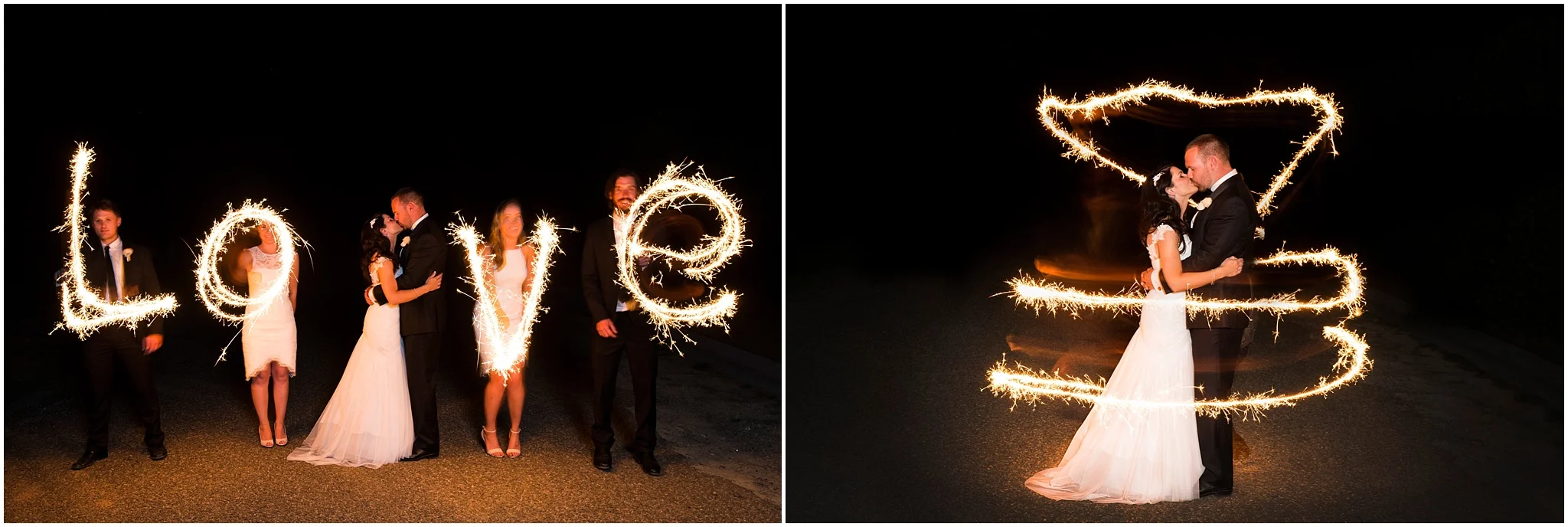 Bride and groom kiss while bridal party trace the word love with sparklers.