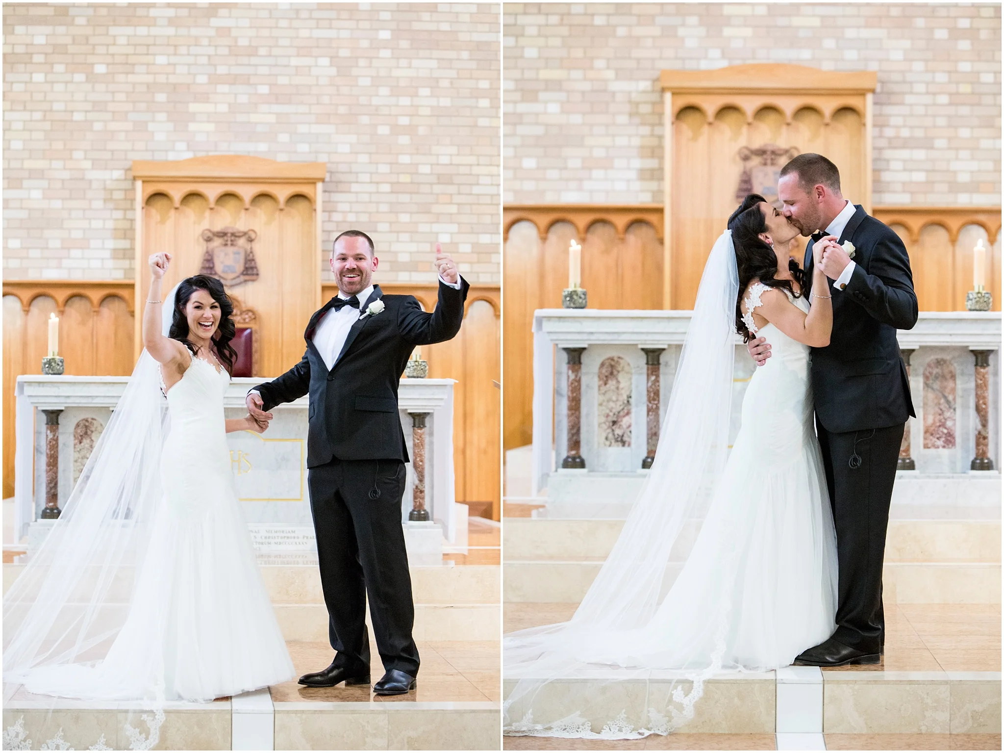 Bride and groom celebrate their marriage by kissing and cheering with hands in the air.