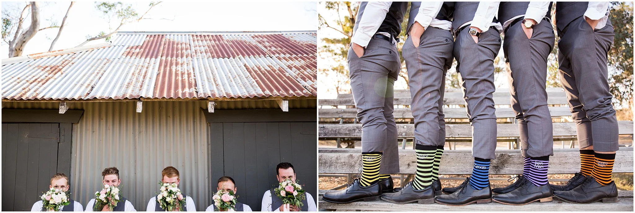 Photos of groomsmen having fun and their coloured socks - Gold Creek Wedding