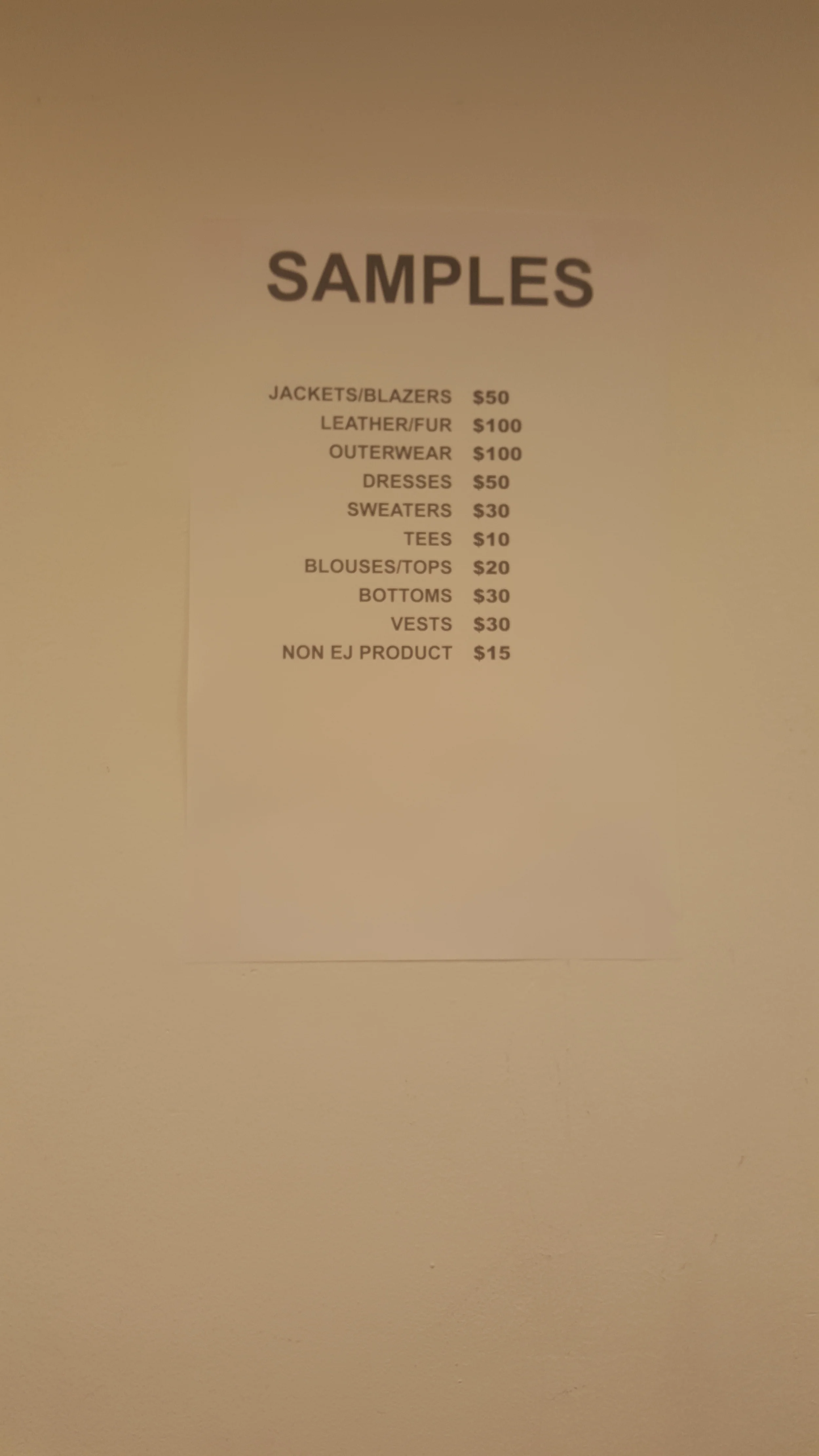 Sample price list