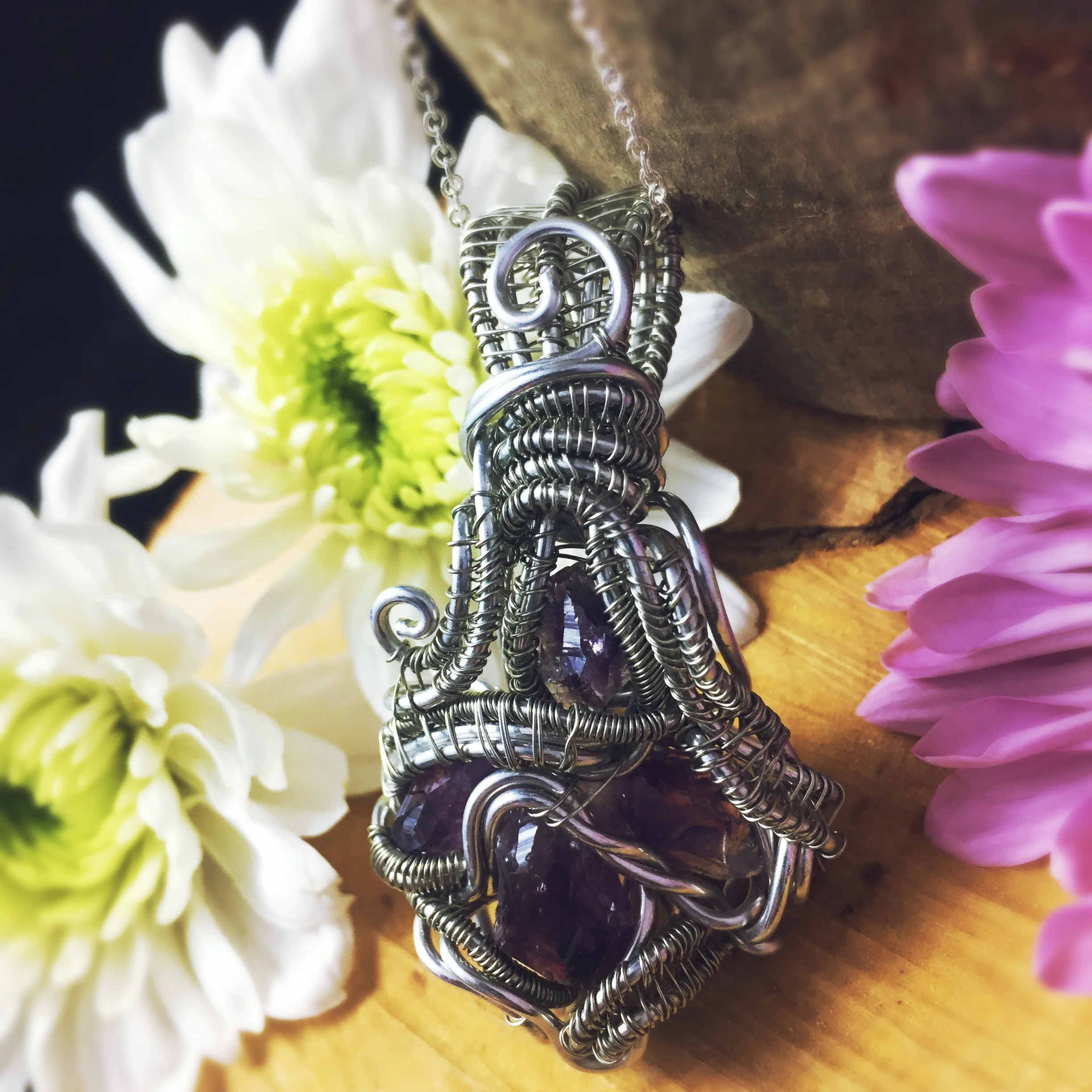 Amethyst Fancy Wire Wrapped Necklace Healing Crystals made by Andzensome