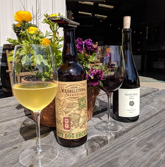 Saturday sunshine, cider and wine. 🥂☀️ Come relax in the Creamery District of Arcata today.  Have a glass and then venture to @thebackporch1, @bangbangarcata and @seapod.nave and @hollyyashi