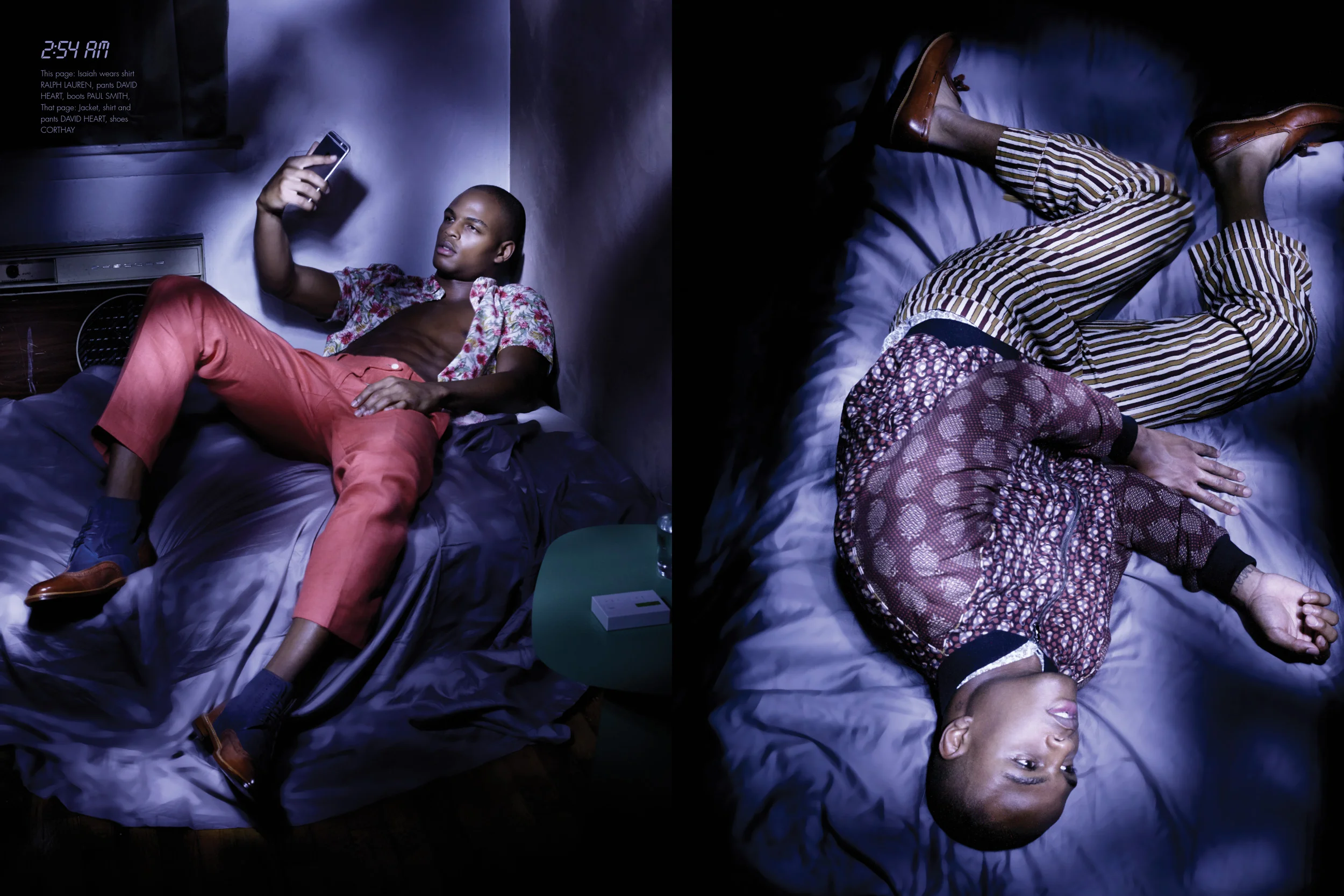 On left: Isaiah wears shirt RALPH LAUREN , pants DAVID HART, boots PAUL SMITH , On right: Jacket, shirt and pants DAVID HEART , shoes CORTHAY