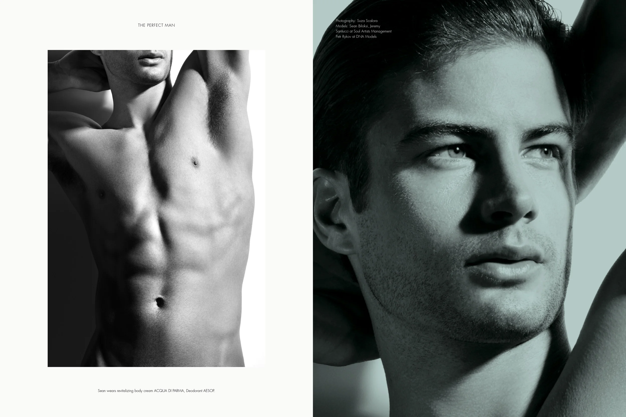 Sean wears revitalizing body cream ACQUA DI PARMA , Deodorant AESOP .