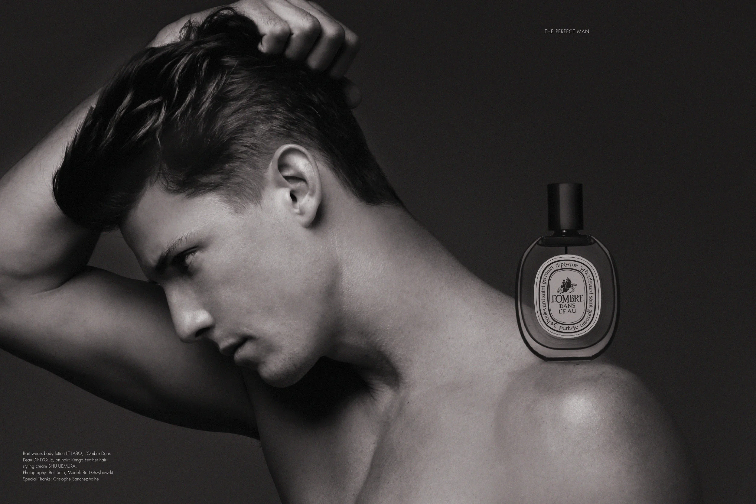 Bart wears body lotion LE LABO , L’Ombre Dans L’eau DIPTYQUE , on hair: Kengo Feather hair styling cream SHU UEMURA . Photography: Bell Soto, Model: Bart Grzybowski, Special Thanks: Cristophe Sanchez-Valhe