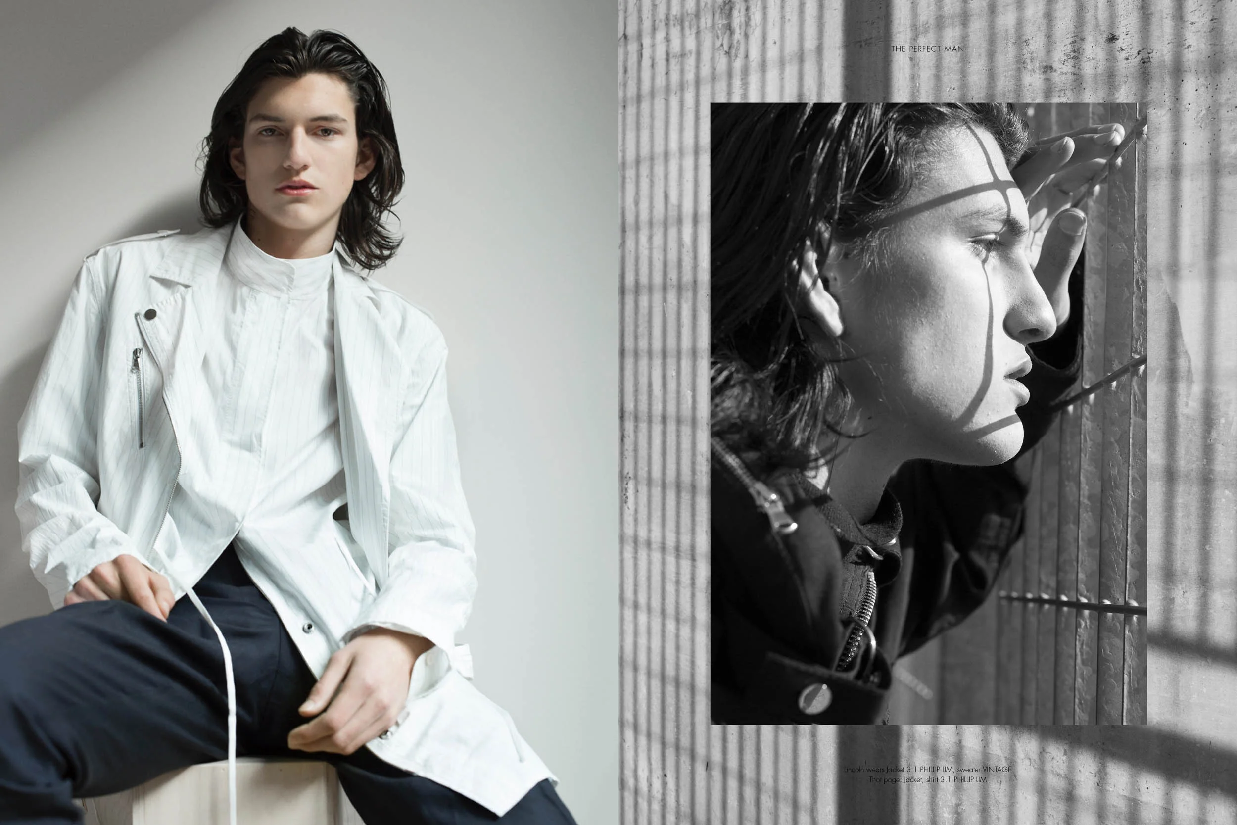 Lincoln wears Jacket 3.1 PHILLIP LIM , sweater VINTAGE Left: Jacket, shirt 3.1 PHILLIP LIM