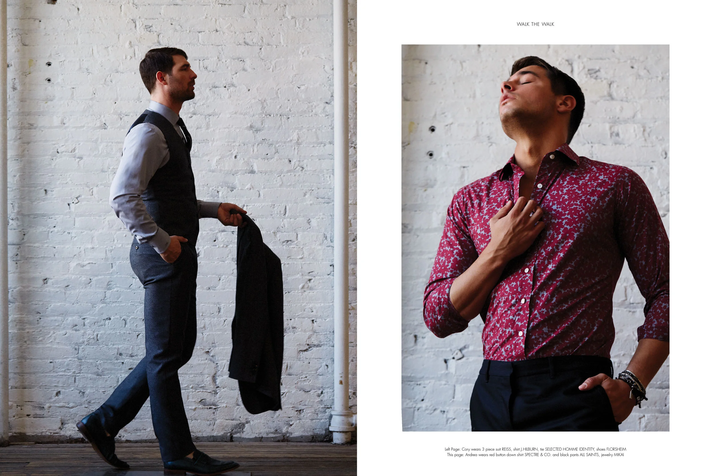 On left: Cory wears 3 piece suit REISS , shirt J.HILBURN , tie SELECTED HOMME IDENTITY , shoes FLORSHEIM , On right: Andrea wears red button down shirt SPECTRE & CO. and black pants ALL SAINTS , jewelry MIKAI