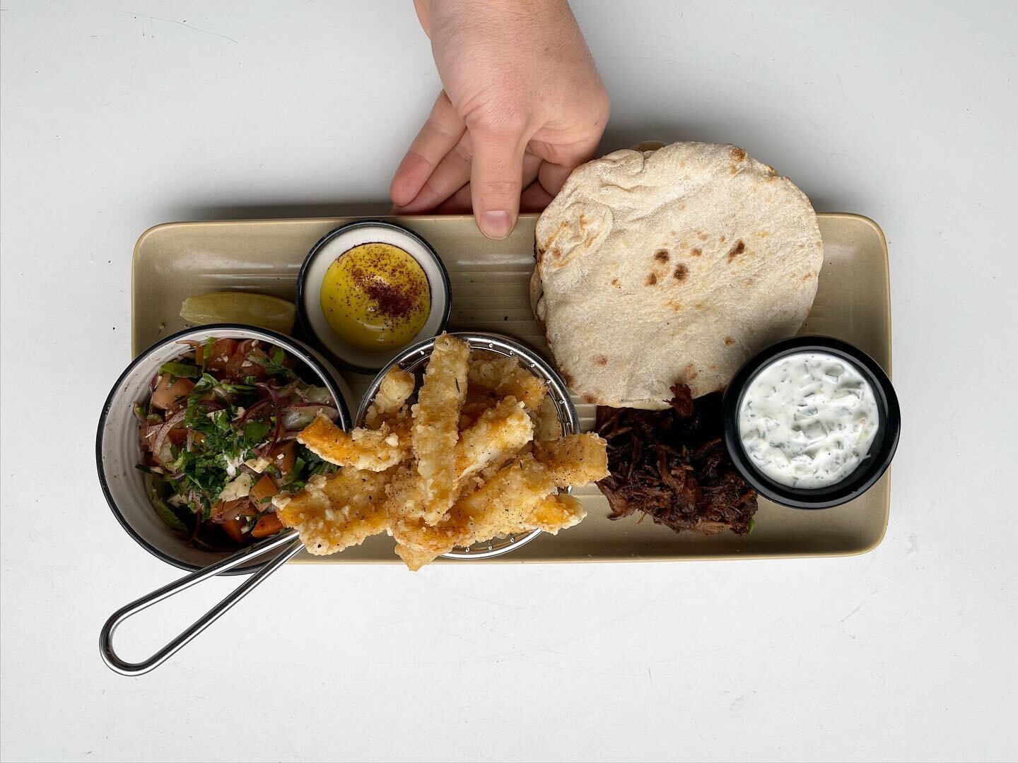 &ldquo;The Mezze&rdquo; - salt and pepper calamari, slow cooked lamb shoulder, tzatziki, turmeric aioli, flat bread &amp; Mediterranean salad. Happening now ..