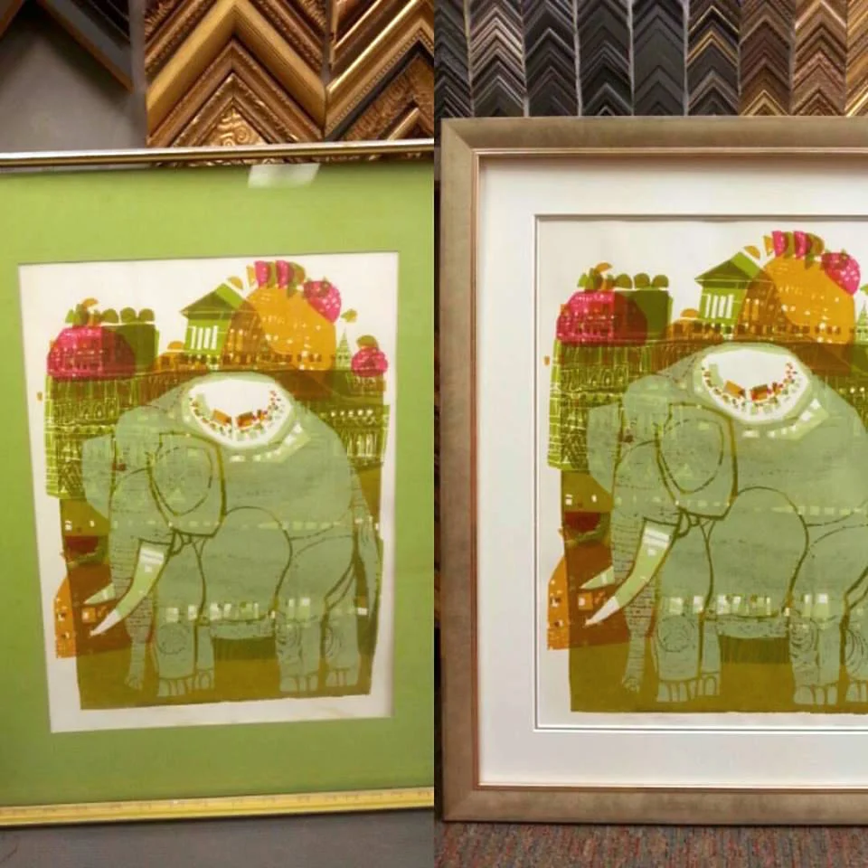 We recently re-framed a David Weidman silkscreen print. His work was used on the set of Mad Men. Updating the framing gives it a fresh, more sophisticated look.