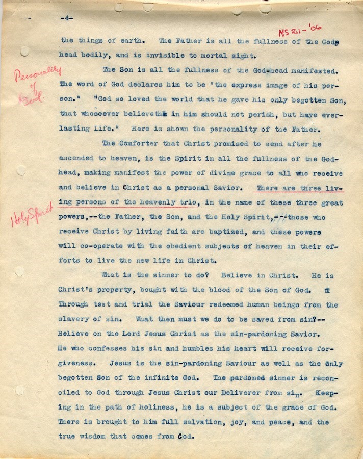 Original typed manuscript source of "heavenly trio" used for the Bible Training School publication.