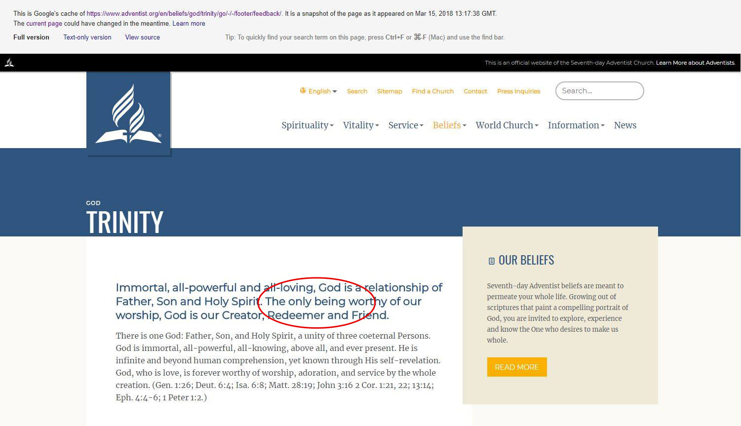 The phrase “The only being worthy of our worship” appeared on the SDA’s official website until March of 2018.