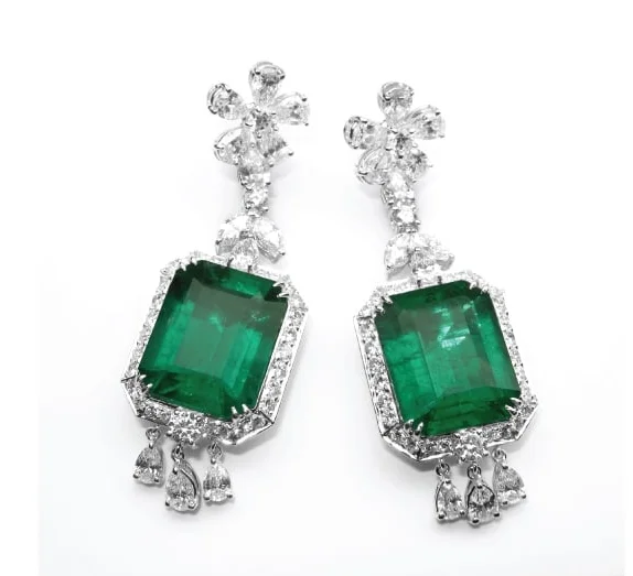 EMERALD & DIAMOND EARRINGS CLUSTER DIAMOND PENDANT BESPOKE FINE JEWELLERY BY SHAHINA HATTA
