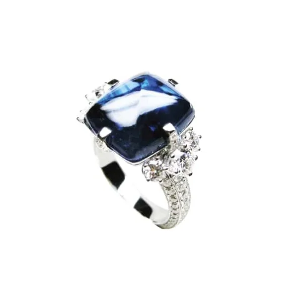 BLUE SAPPHIRE SUGARLOAF AND DIAMOND RING BESPOKE FINE JEWELLERY BY SHAHINA HATTA