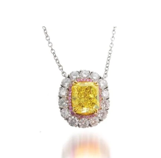 FANCY INTENSE YELLOW DIAMOND WITH PINK AND WHITE DIAMOND HALO CLUSTER DIAMOND PENDANT BESPOKE FINE JEWELLERY BY SHAHINA HATTA