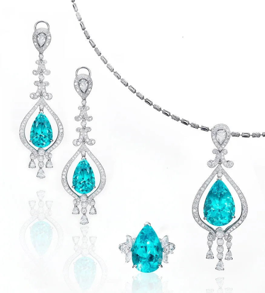BRAZILIAN PARAIBA TOURMALINE & DIAMOND PEAR DROP SET BESPOKE FINE JEWELLERY BY SHAHINA HATTA
