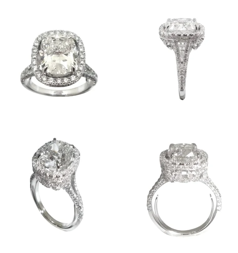 CUSHION CUT DIAMOND RING WITH HALO SPLIT SHANK BESPOKE FINE JEWELLERY BY SHAHINA HATTA