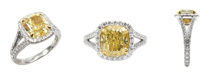 FANCY YELLOW DIAMOND CUSHION CUT SPLIT SHANK RING BESPOKE FINE JEWELLERY BY SHAHINA HATTA