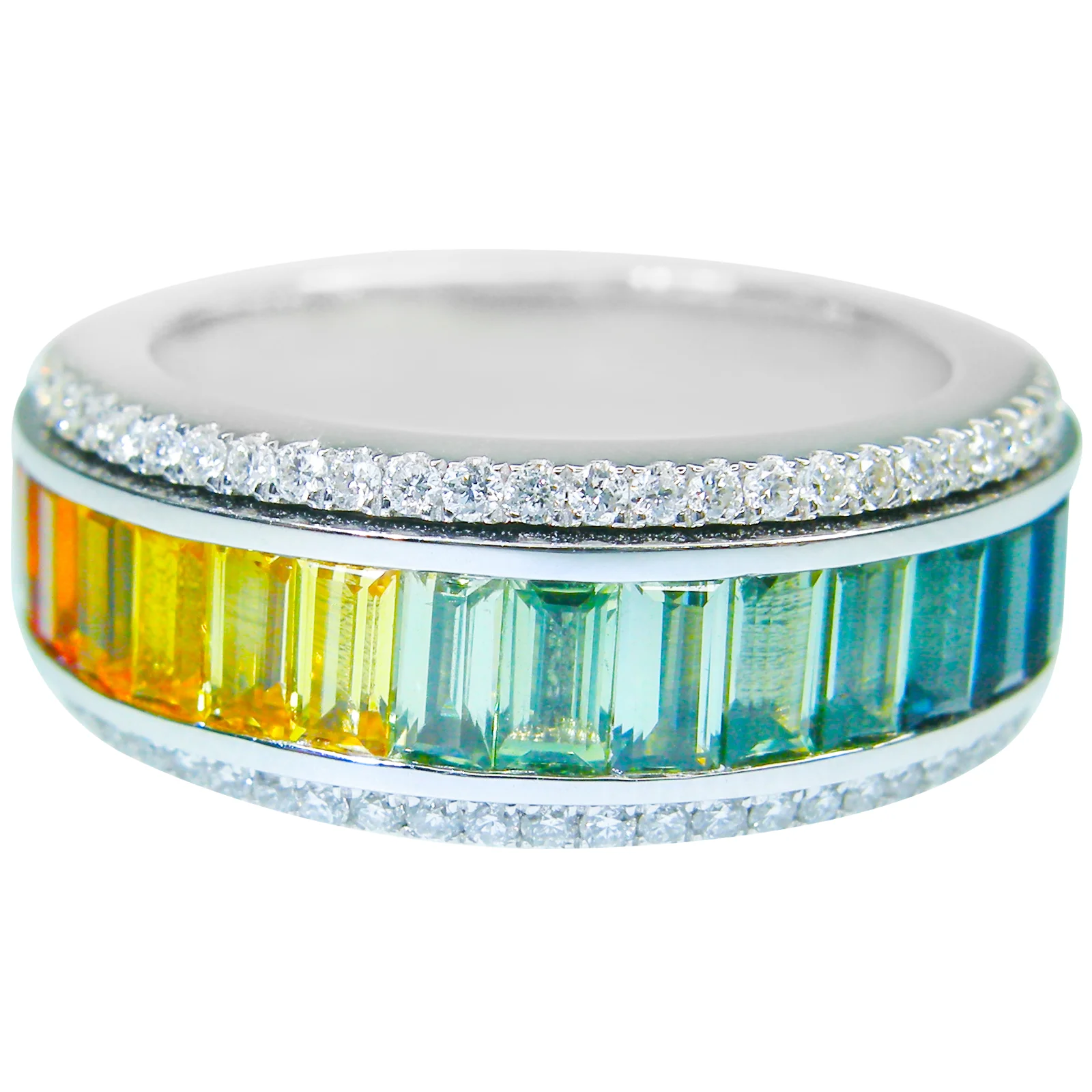 SIGNATURE RAINBOW SAPPHIRE & DIAMOND SPINNER RING BESPOKE FINE JEWELLERY BY SHAHINA HATTA HONG KONG