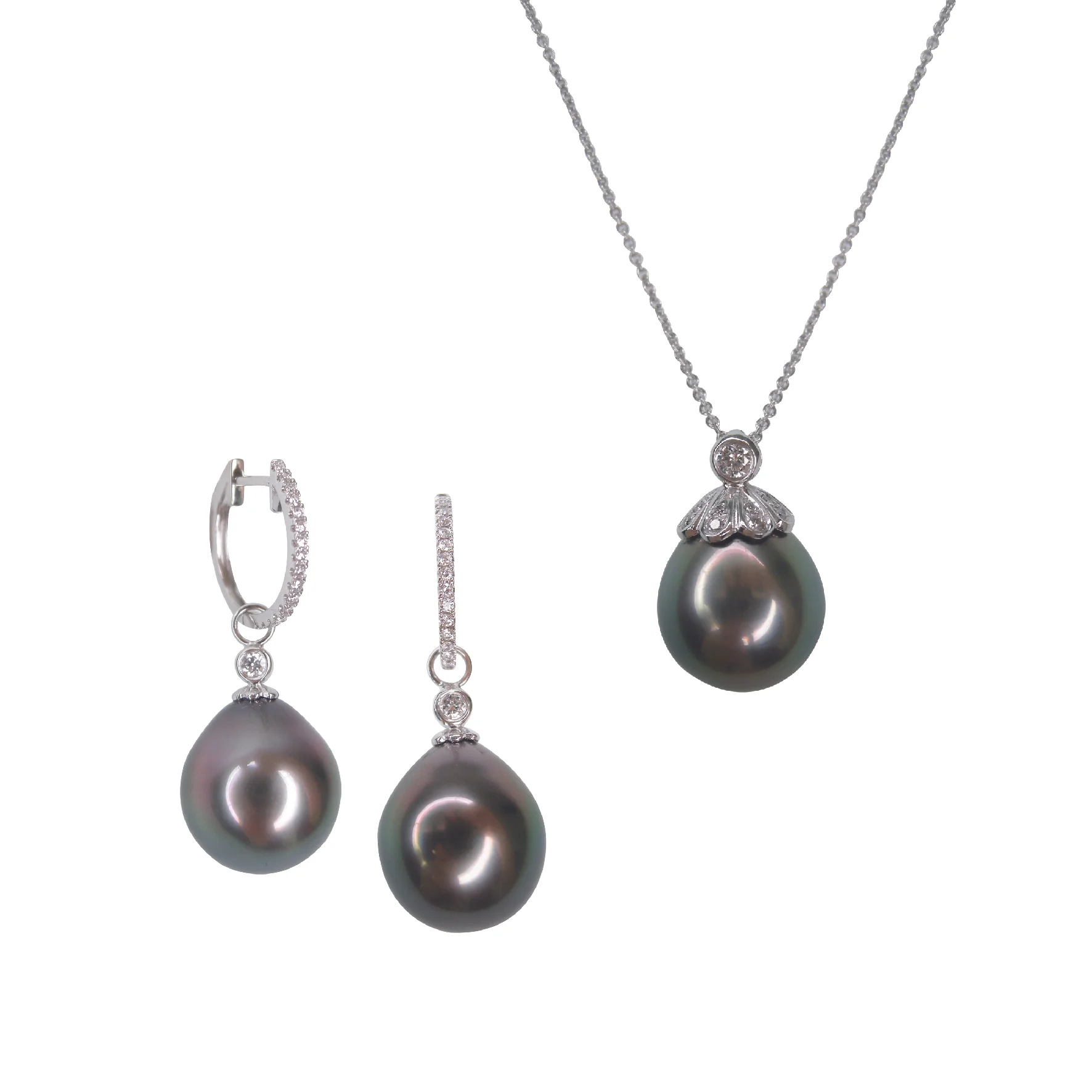 SOUTH SEA BLACK PEARL AND DIAMOND EARRINGS AND NECKLACE BESPOKE FINE JEWELLERY BY SHAHINA HATTA HONG KONG