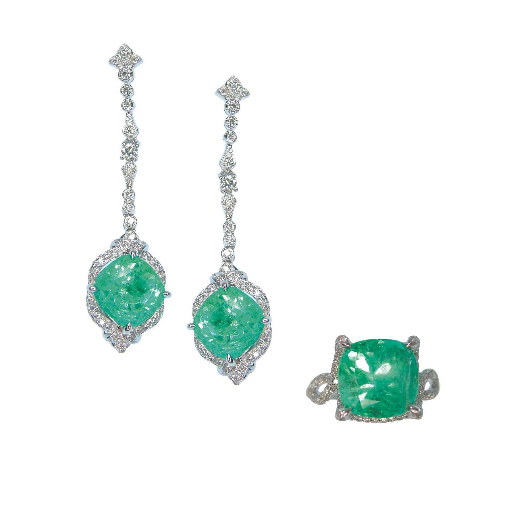 COLOMBIAN MINT EMERALD AND DIAMOND EARRINGS AND RING BESPOKE FINE JEWELLERY BY SHAHINA HATTA HONG KONG