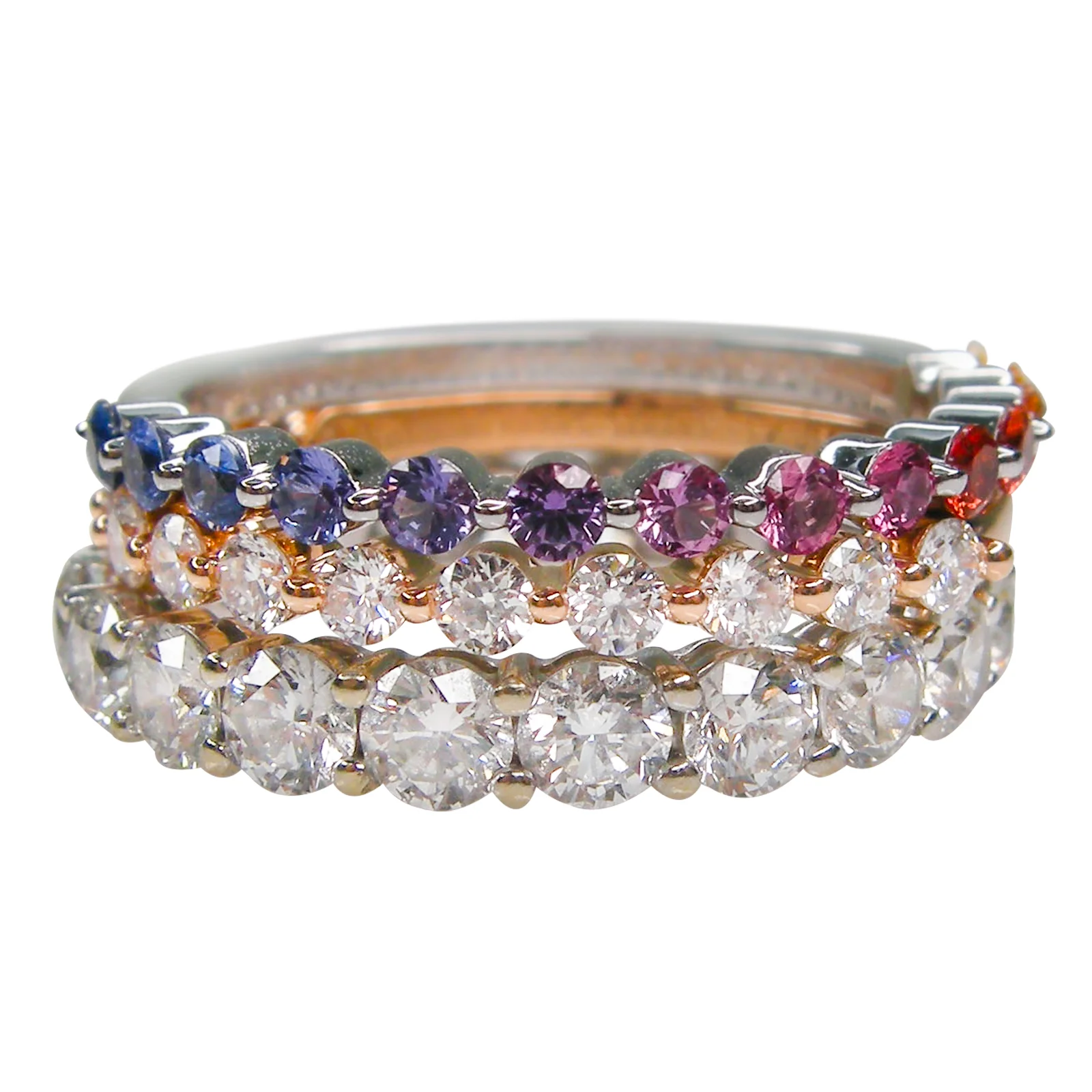 SIGNATURE SHARED-CLAW HALF ETERNITY RAINBOW SAPPHIRE RING BESPOKE FINE JEWELLERY BY SHAHINA HATTA HONG KONG