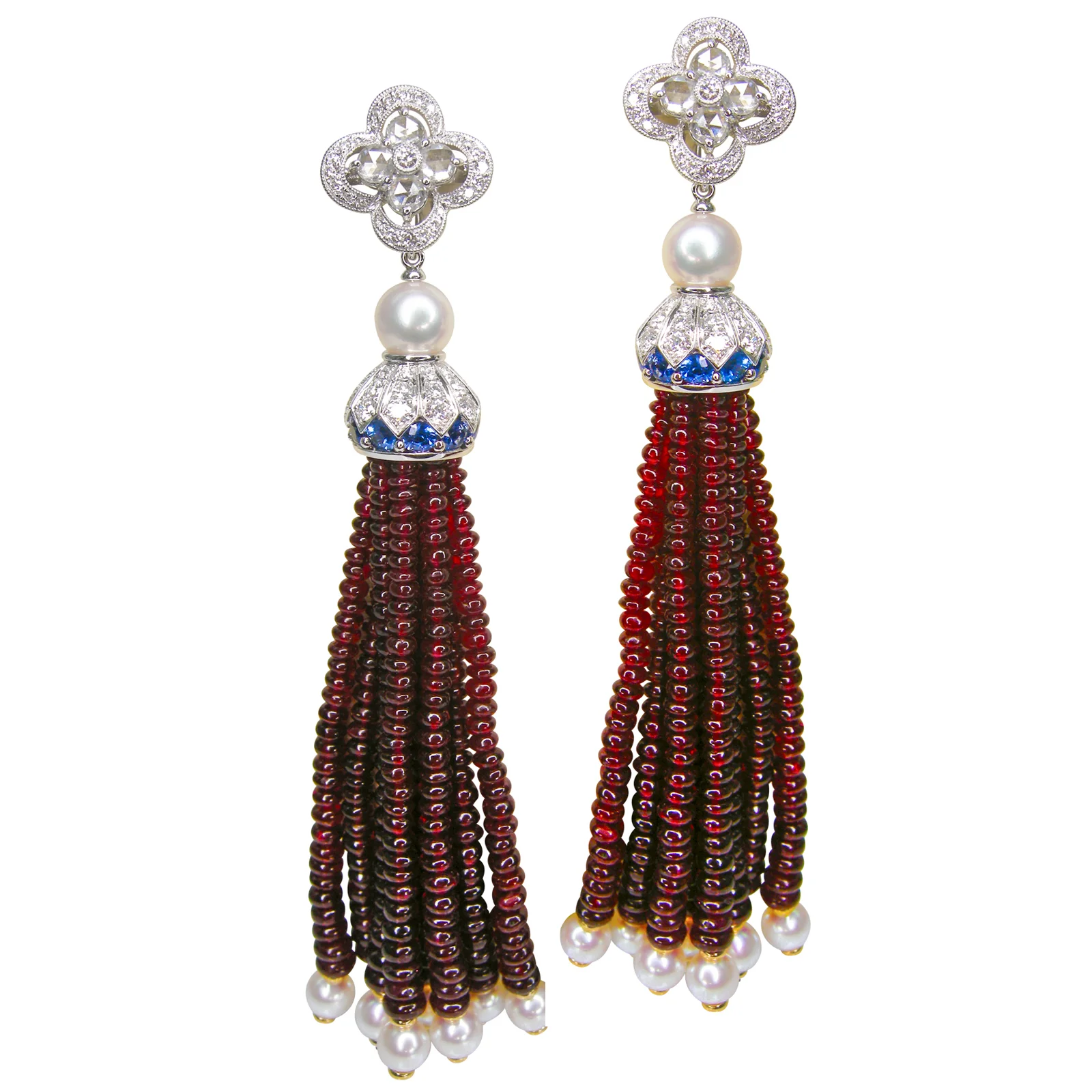 RUBY, DIAMOND, BLUE SAPPHIRE, AKOYA PEARL TASSEL EARRINGS