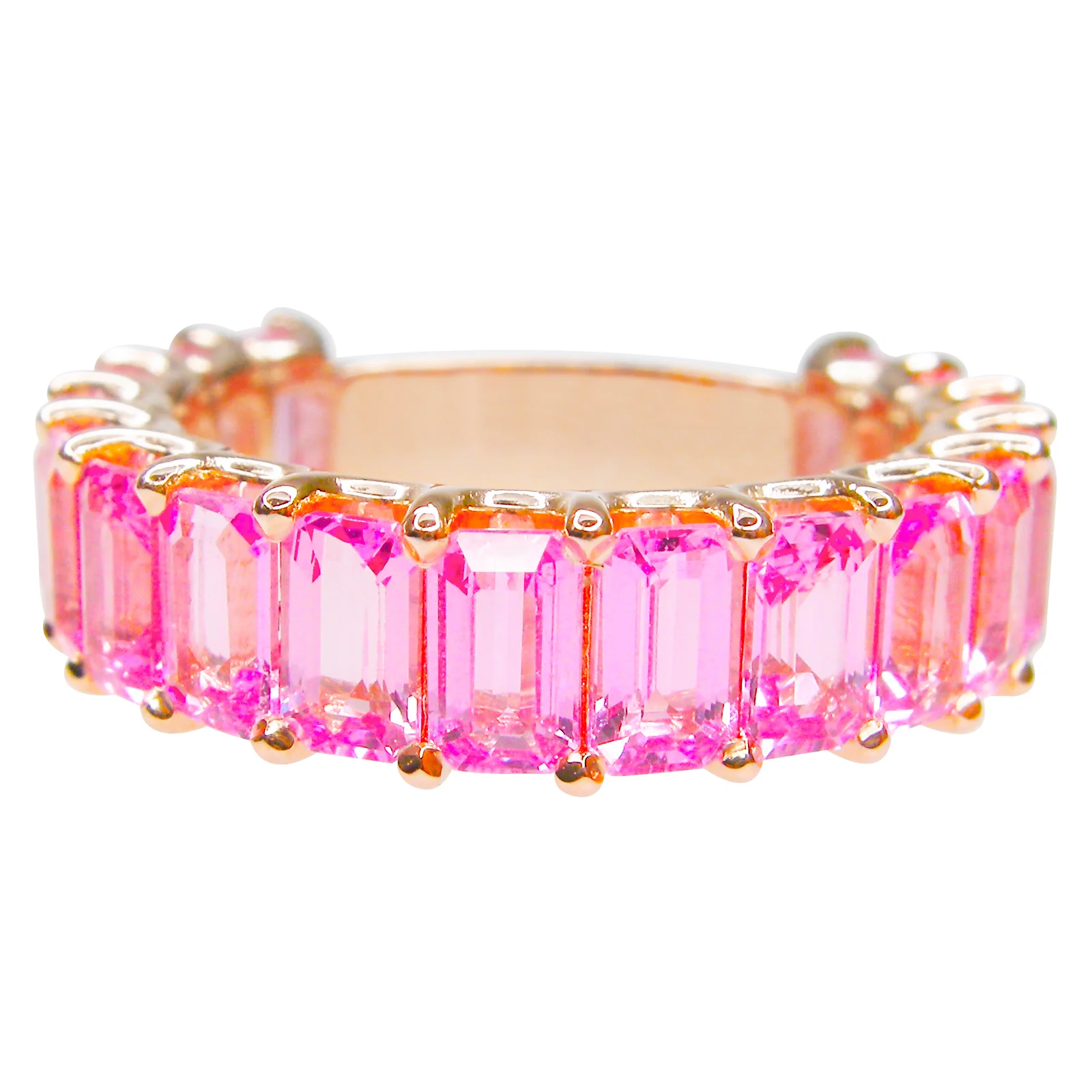 SIGNATURE PINK SAPPHIRE EMERALD CUT 3/4 ETERNITY RING BESPOKE FINE JEWELLERY BY SHAHINA HATTA HONG KONG