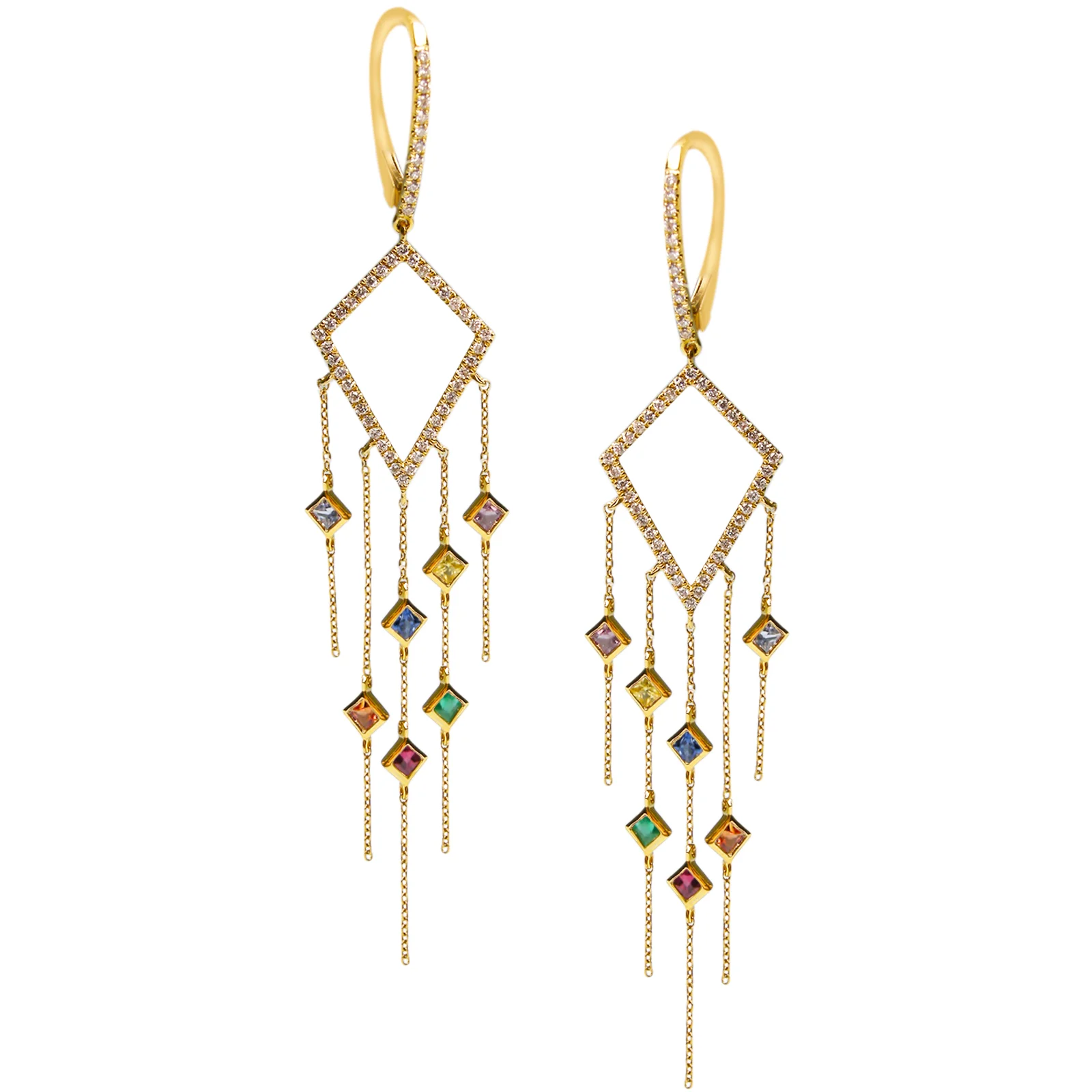 CHAKRA PRINCESS RAINBOW SAPPHIRE CHANDELIER EARRINGS BESPOKE FINE JEWELRY BY SHAHINA HATTA HONG KONG