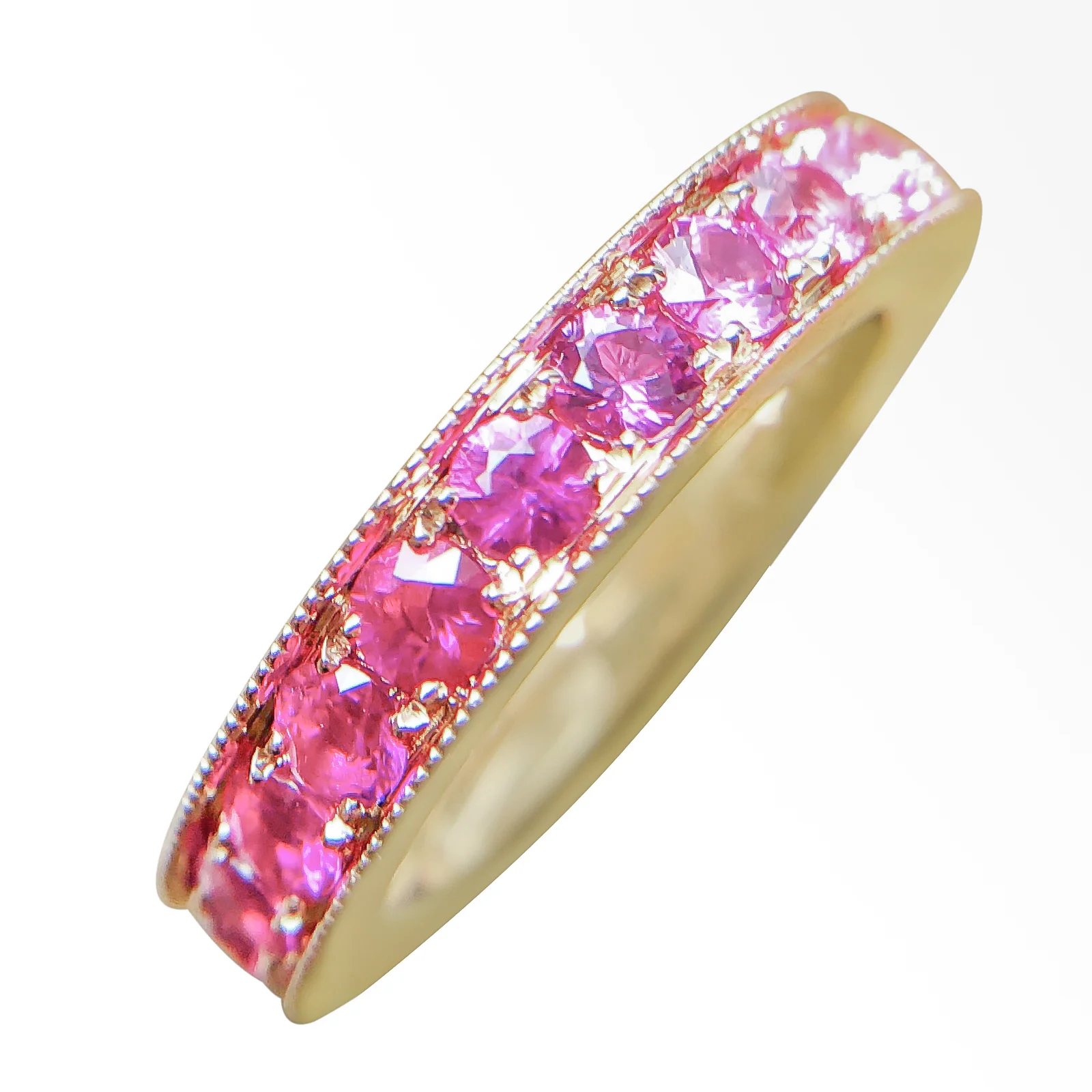 CUSTOM OMBRE PINK SAPPHIRE RING WITH CALLIGRAPHY CARVING