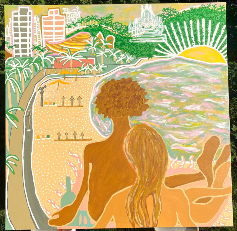  Her paintings and drawings shows a simple style, with strong bold colors and playful expressions based in memories from her personal life, including topics like lovers and sex with a hint of humor and nostalgia.    