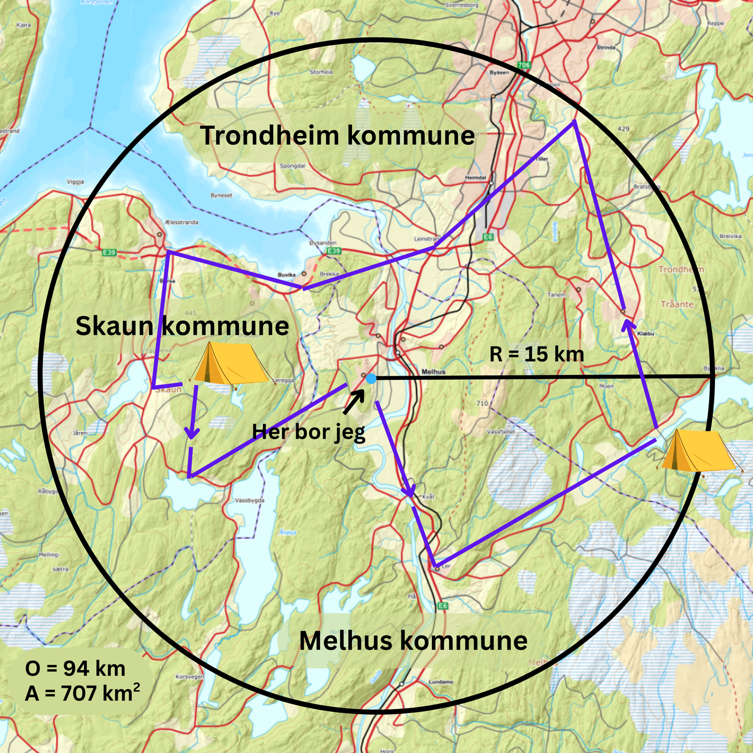 Kart over ruta på sykkelturen.