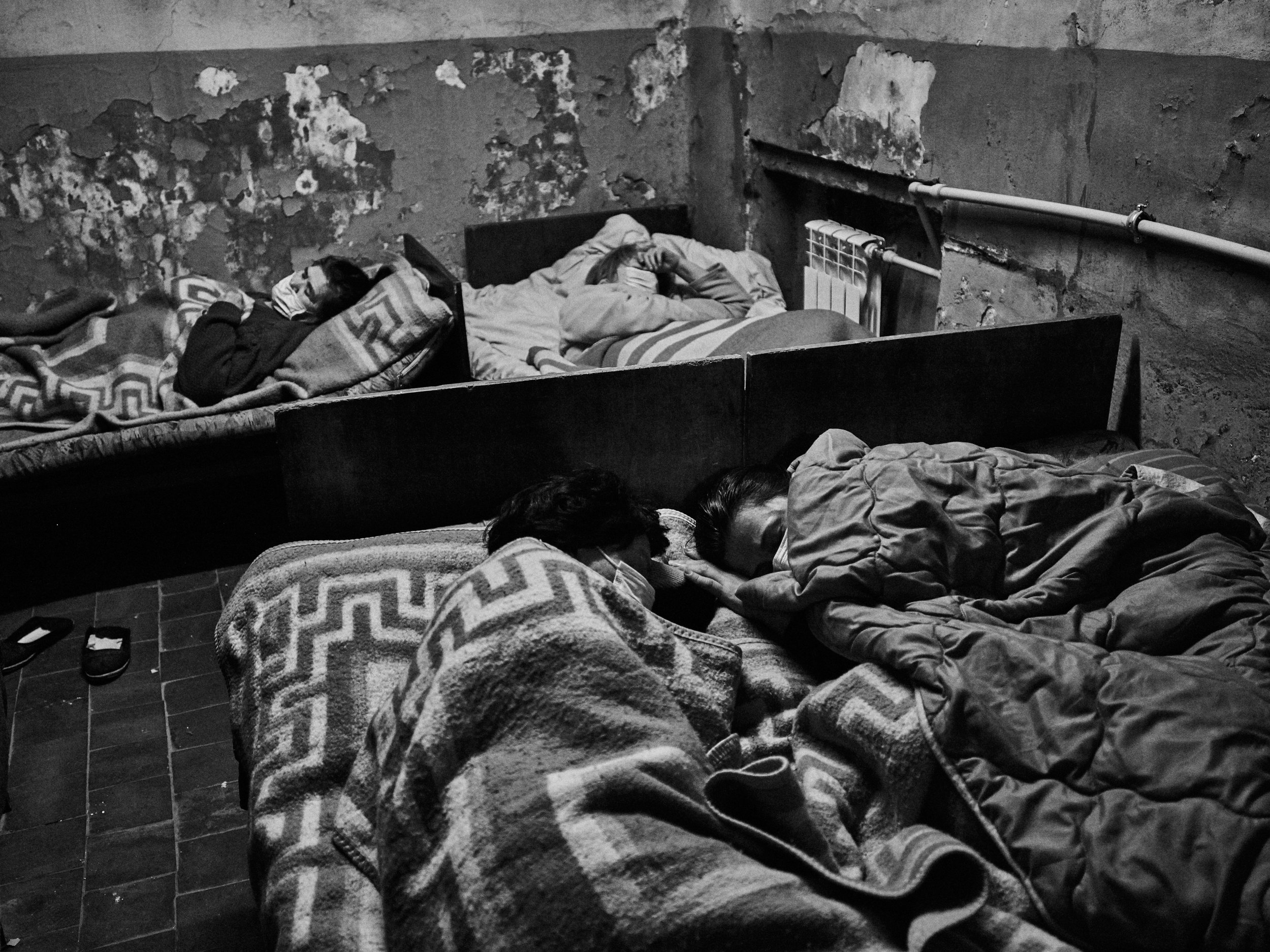 Medical staff sleeping in the bomb shelter of a maternity hospital, Kharkiv Oblast
