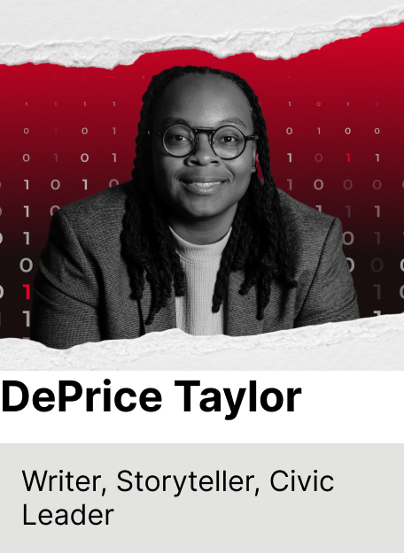 A woman with glasses and dreadlocks smiling in front of a background with binary code and torn paper edges, labeled as writer, storyteller, civic leader.