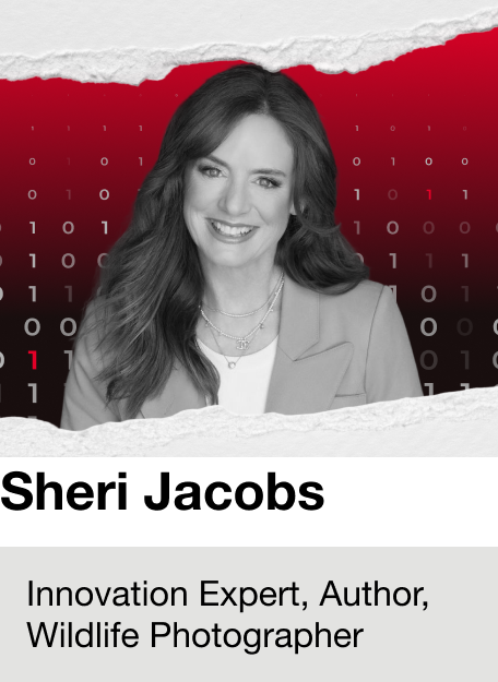 Black and white photo of a woman smiling, wearing a blazer and layered necklaces, with a digital background of binary code and red accents.