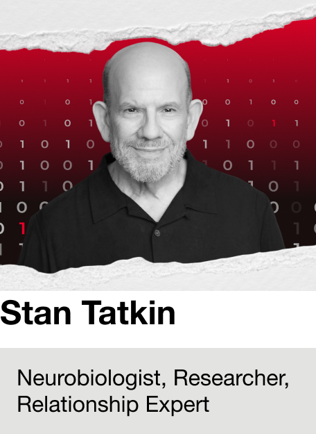 A portrait of a man with a bald head and gray beard, wearing a black shirt, set against a background with binary code and torn paper edges. Caption reads: Neurobiologist, Researcher, Relationship Expert.