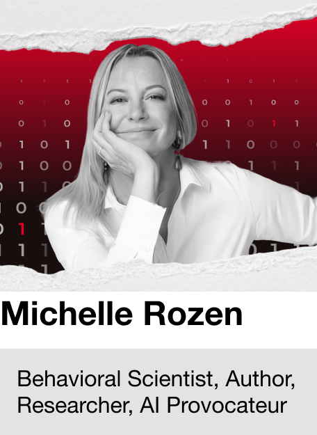 A smiling woman with blonde hair in a white shirt, posing with her hand on her face, set against a red and black digital background with binary code.