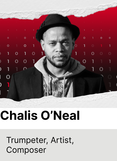 Black and white portrait of a man wearing a fedora hat, hoodie, and blazer with a serious expression, set against a red background with binary code overlay, labeled as Trumpeter, Artist, Composer.
