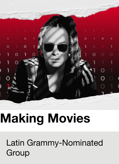 Black and white photo of a person with curly hair wearing sunglasses and a striped shirt, with red and binary code in the background, torn paper effect at the top and bottom.