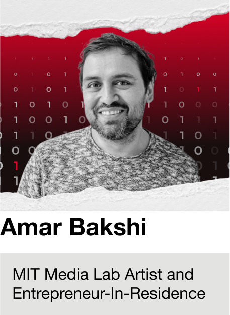 A man with short hair and a beard smiling in front of a digital background of binary code and a torn paper effect, with text stating he is an MIT Media Lab artist and entrepreneur-in-residence.